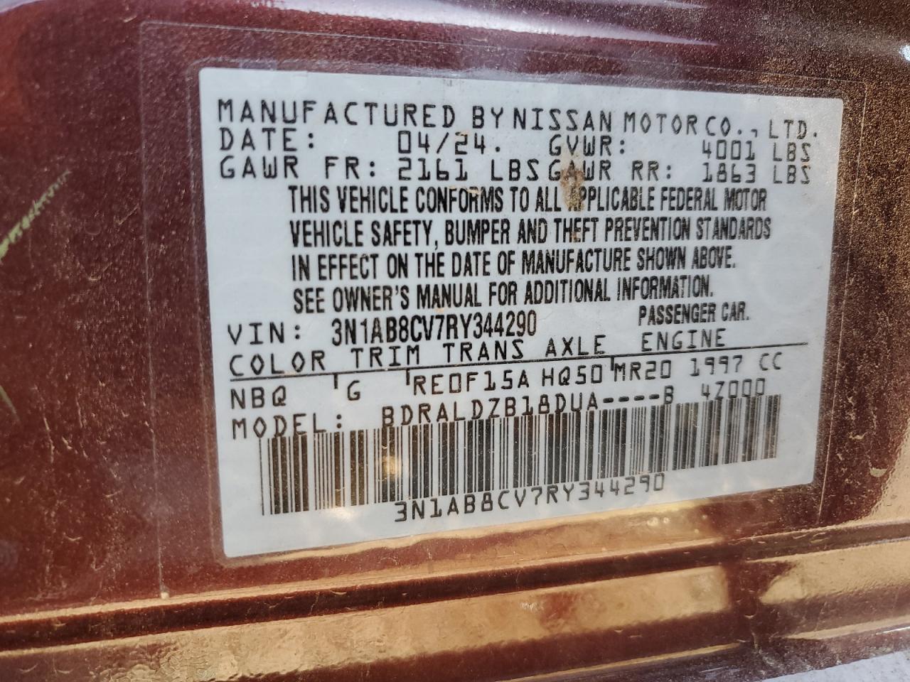 2024 NISSAN SENTRA SV VIN:3N1AB8CV7RY344290