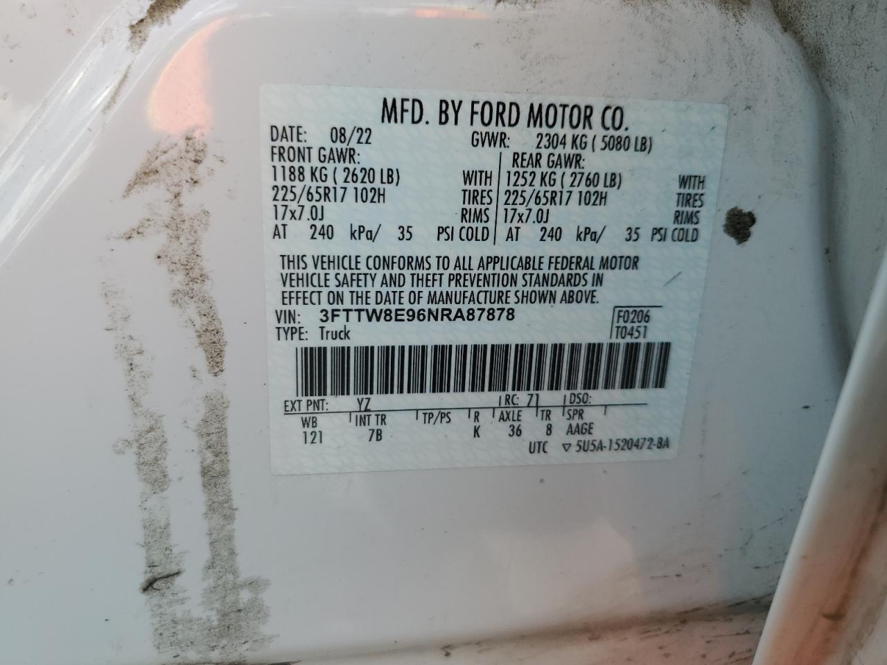 2022 FORD MAVERICK XL VIN:3FTTW8E96NRA87878