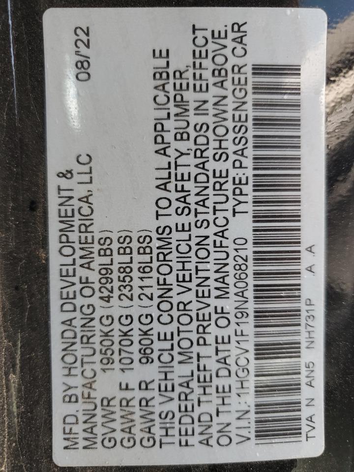 2022 HONDA ACCORD LX VIN:1HGCV1F19NA068210