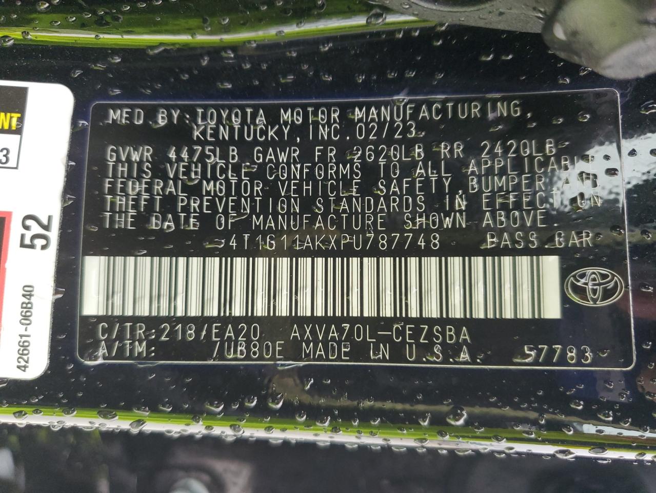 2023 TOYOTA CAMRY SE NIGHT SHADE VIN:4T1G11AKXPU787748