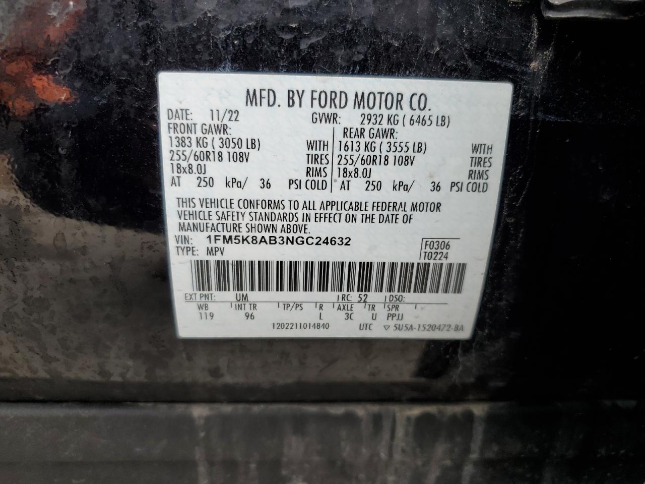 2022 FORD EXPLORER POLICE INTERCEPTOR VIN:1FM5K8AB3NGC24632