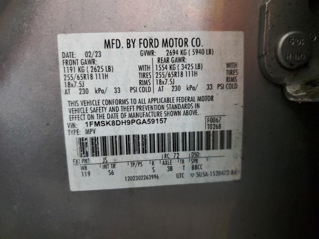 2023 FORD EXPLORER XLT VIN:1FMSK8DH9PGA59157