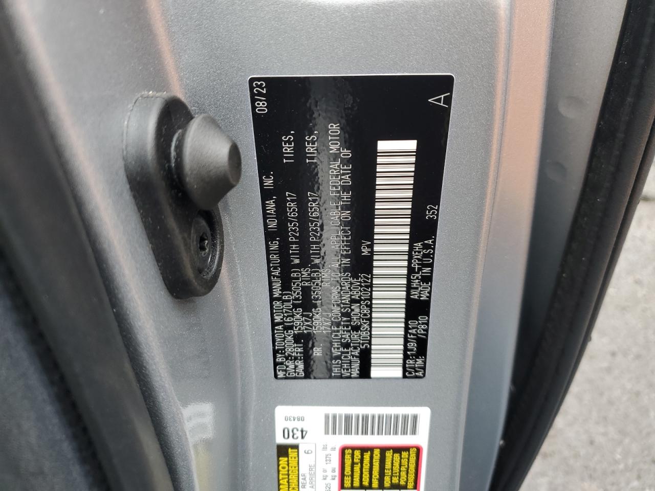 2023 TOYOTA SIENNA LE VIN:5TDBSKFC8PS102122