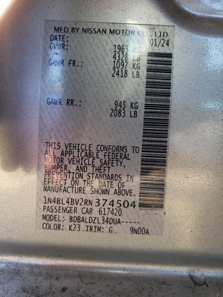 2024 NISSAN ALTIMA S VIN:1N4BL4BV2RN374504