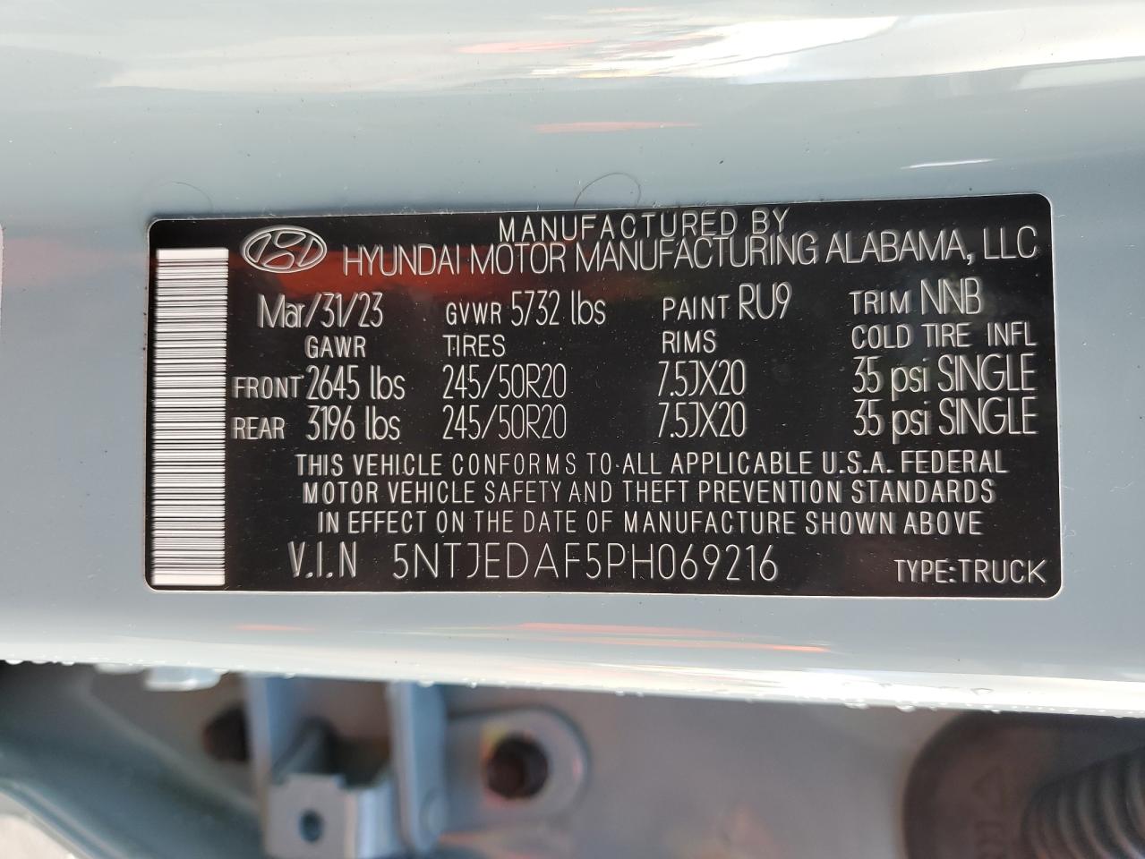 2023 HYUNDAI SANTA CRUZ LIMITED VIN:5NTJEDAF5PH069216