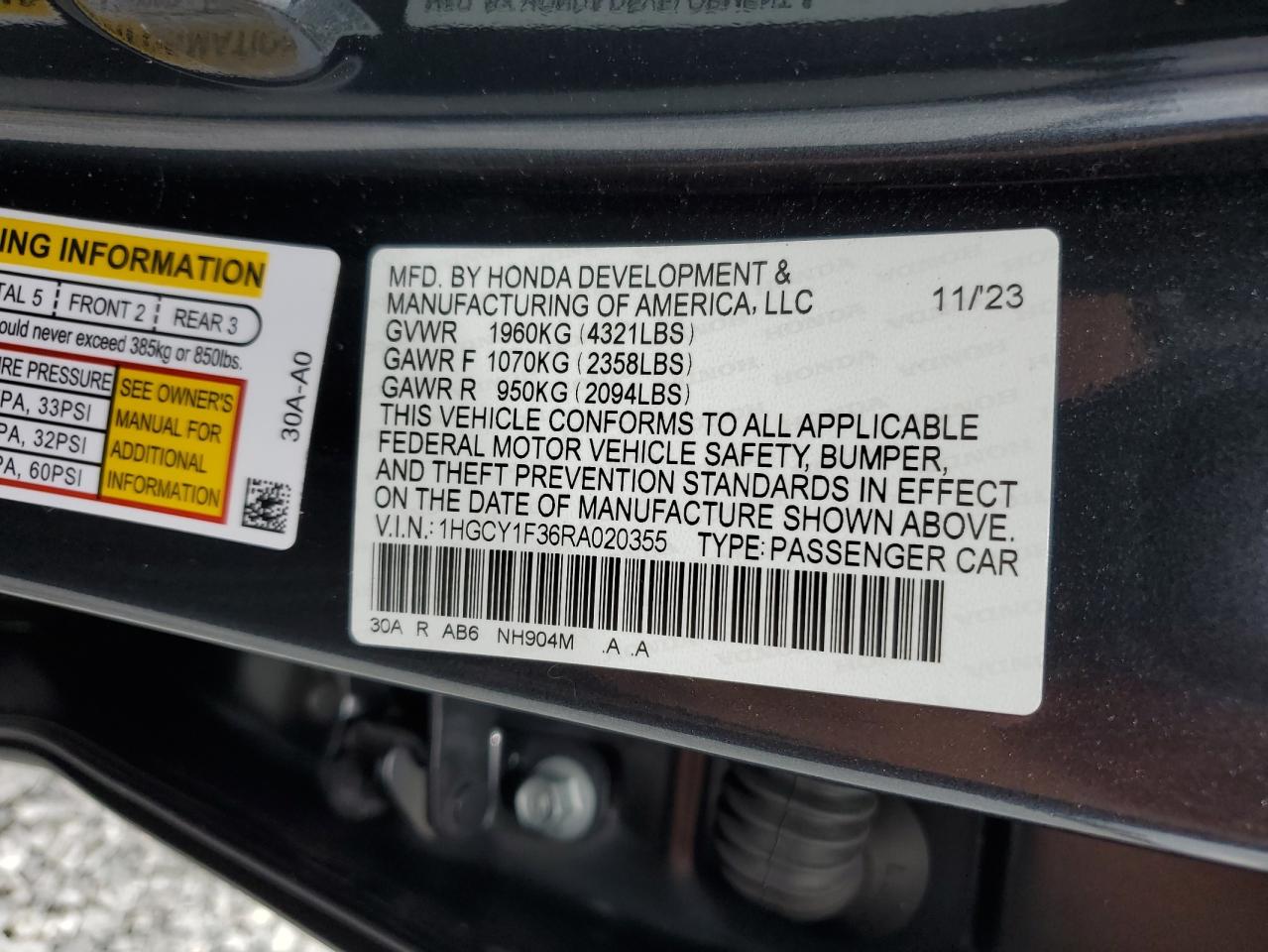 2024 HONDA ACCORD EX VIN:1HGCY1F36RA020355