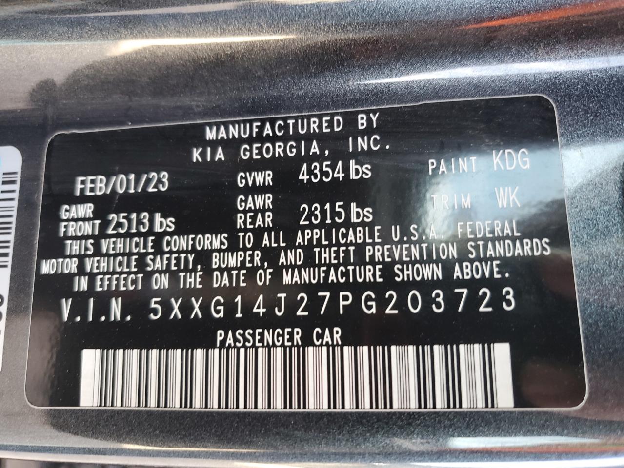 2023 KIA K5 LXS VIN:5XXG14J27PG203723