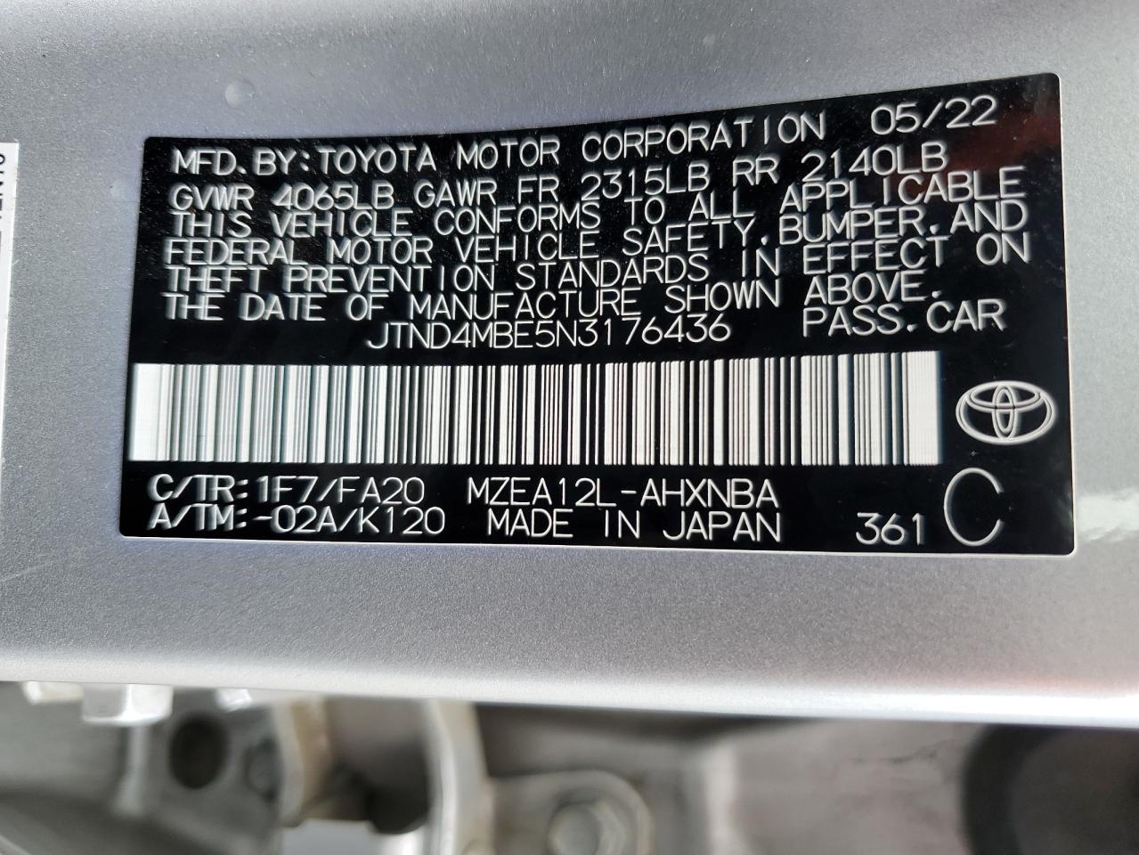 2022 TOYOTA COROLLA SE VIN:JTND4MBE5N3176436