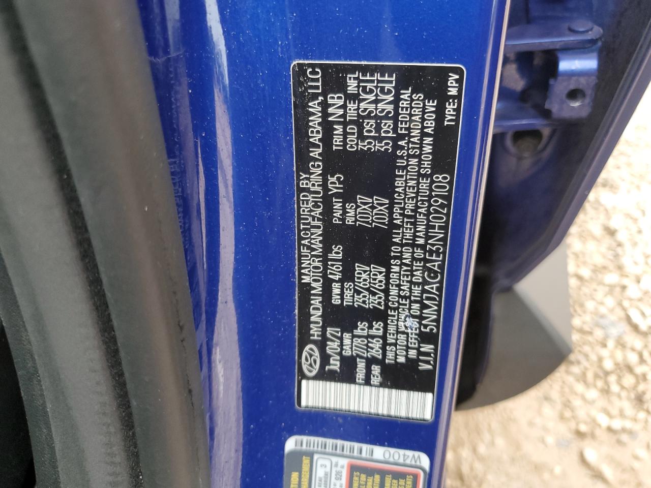 2022 HYUNDAI TUCSON SE VIN:5NMJACAE3NH029108