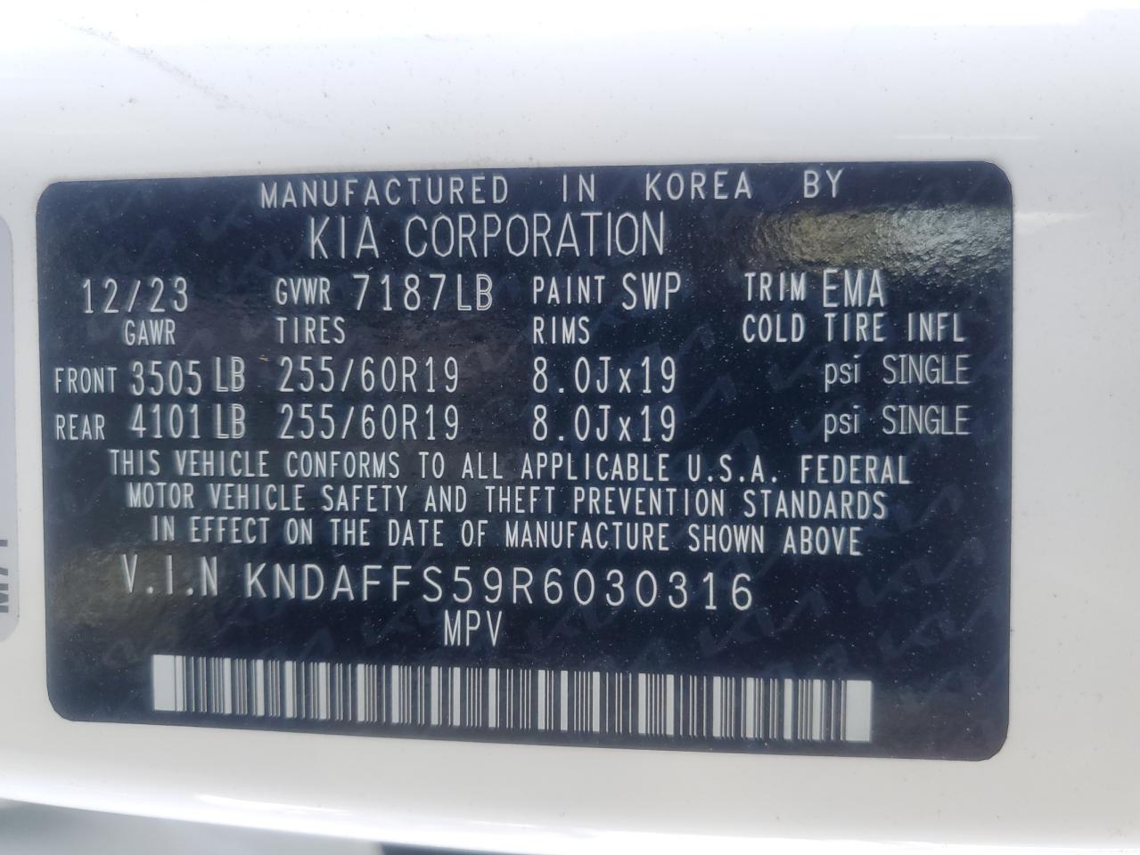 2024 KIA EV9 WIND VIN:KNDAFFS59R6030316