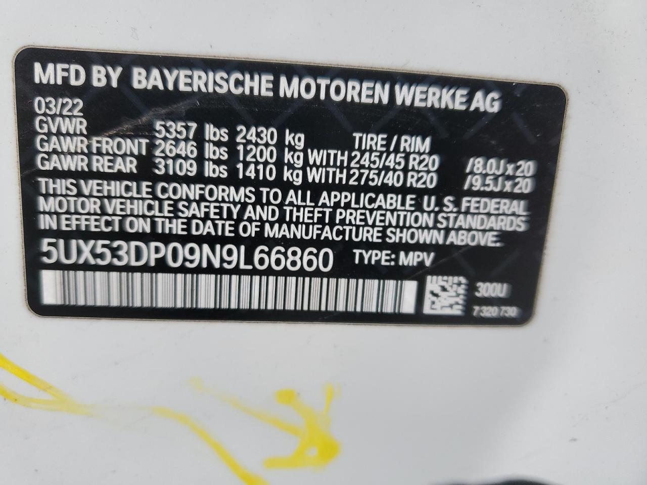 2022 BMW X3 XDRIVE30I VIN:5UX53DP09N9L66860