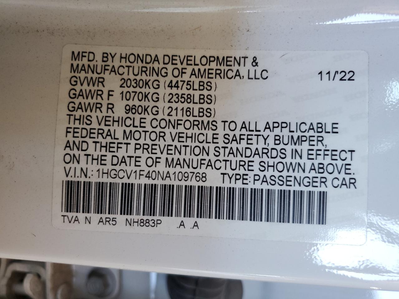 2022 HONDA ACCORD SPORT SE VIN:1HGCV1F40NA109768