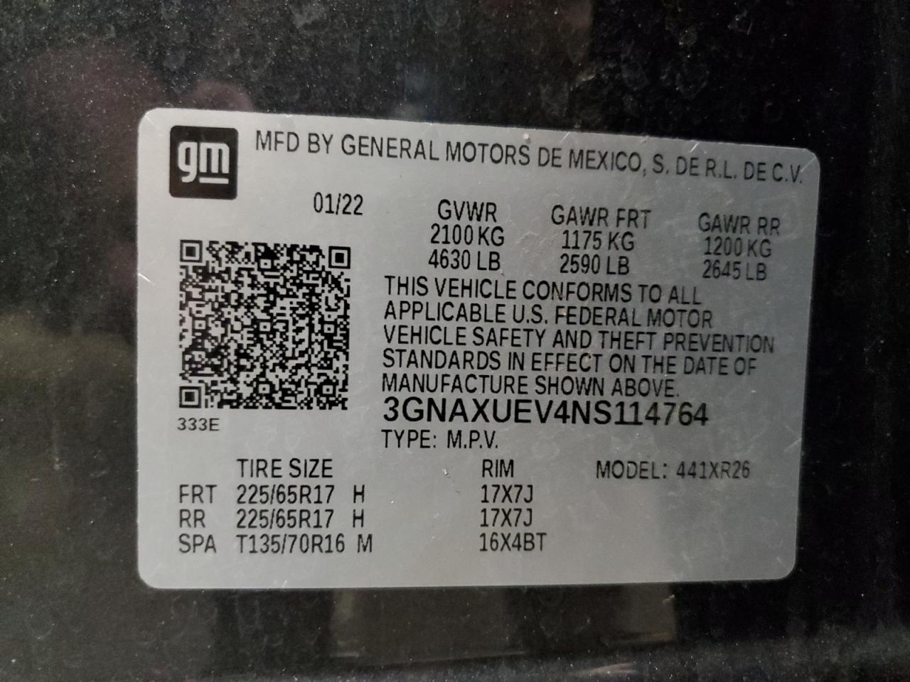 2022 CHEVROLET EQUINOX LT VIN:3GNAXUEV4NS114764