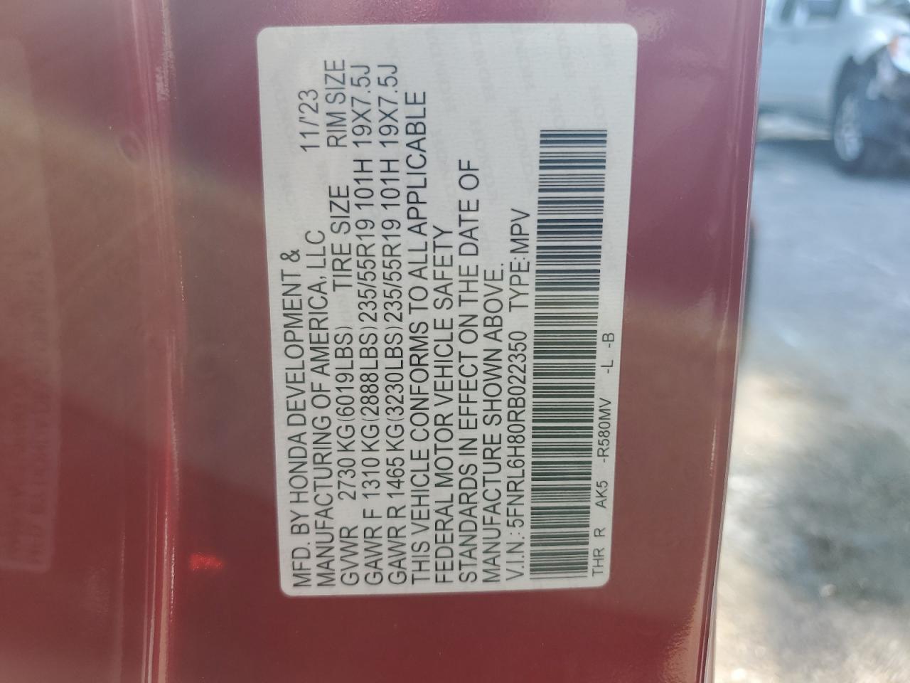 2024 HONDA ODYSSEY TOURING VIN:5FNRL6H80RB022350