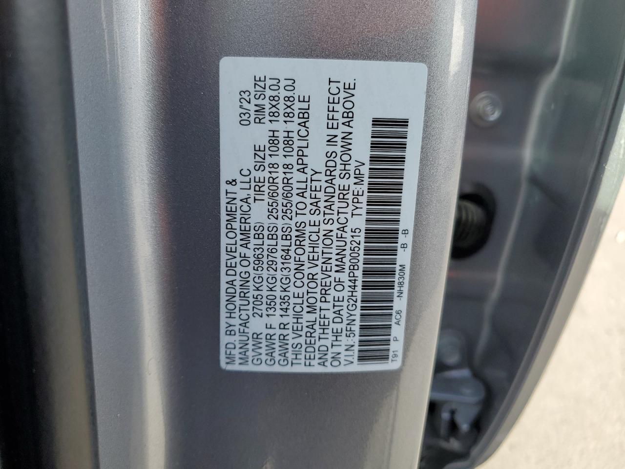 2023 HONDA PILOT EXL VIN:5FNYG2H44PB005215