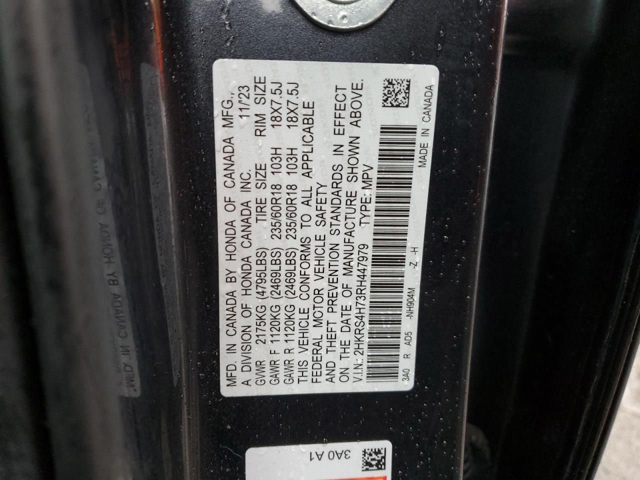 2024 HONDA CR-V EXL VIN:2HKRS4H73RH447979