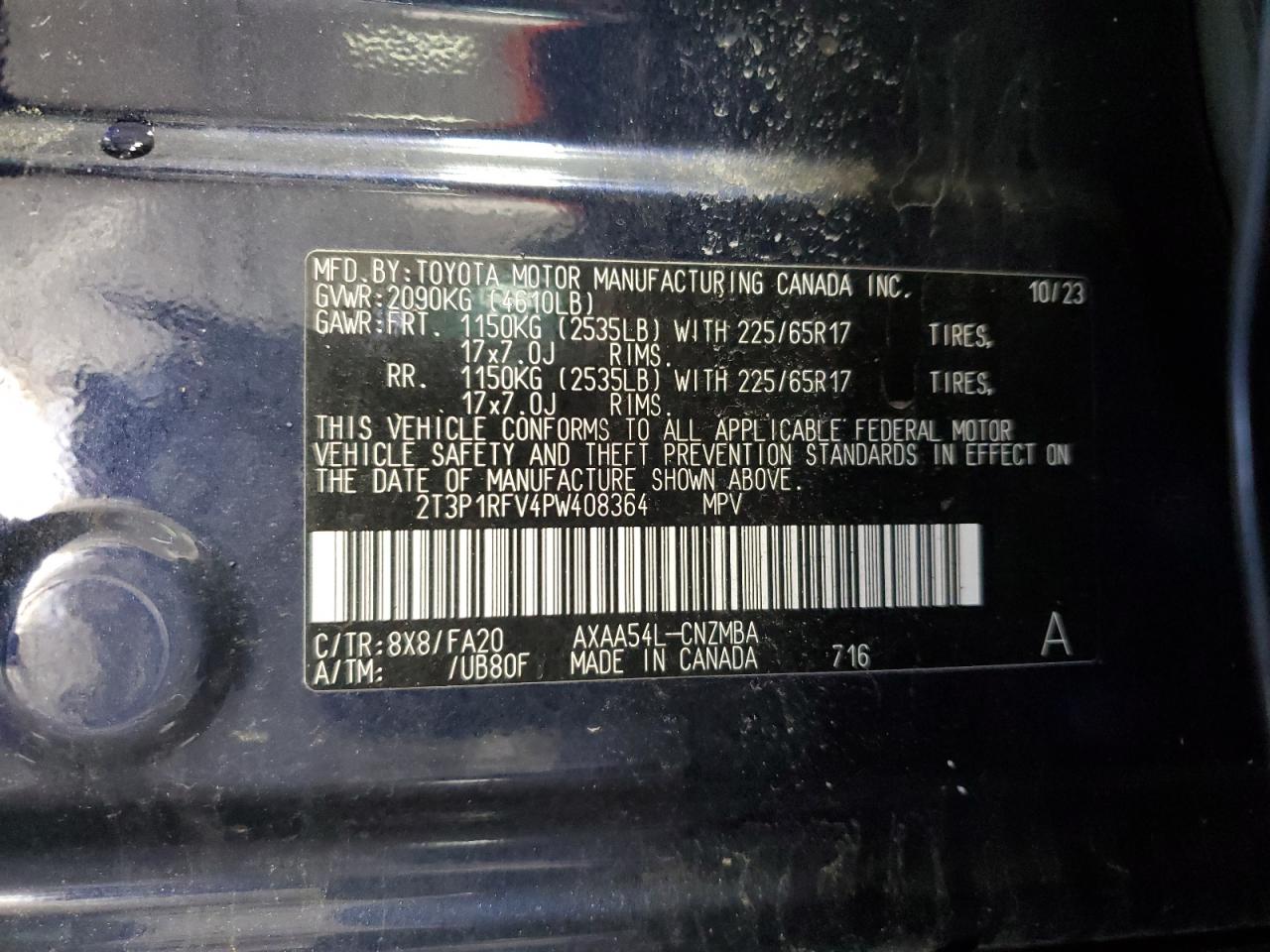 2023 TOYOTA RAV4 XLE VIN:2T3P1RFV4PW408364