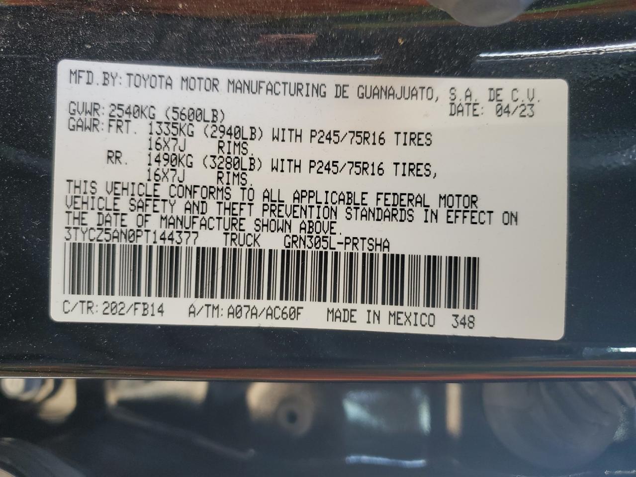 2023 TOYOTA TACOMA DOUBLE CAB VIN:3TYCZ5AN0PT144377