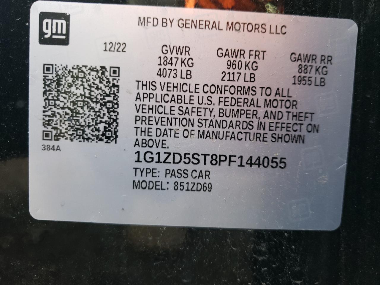 2023 CHEVROLET MALIBU LT VIN:1G1ZD5ST8PF144055