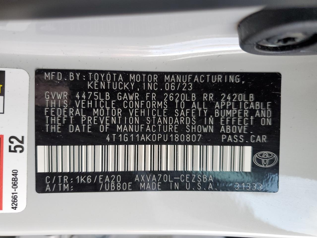 2023 TOYOTA CAMRY SE NIGHT SHADE VIN:4T1G11AK0PU180807