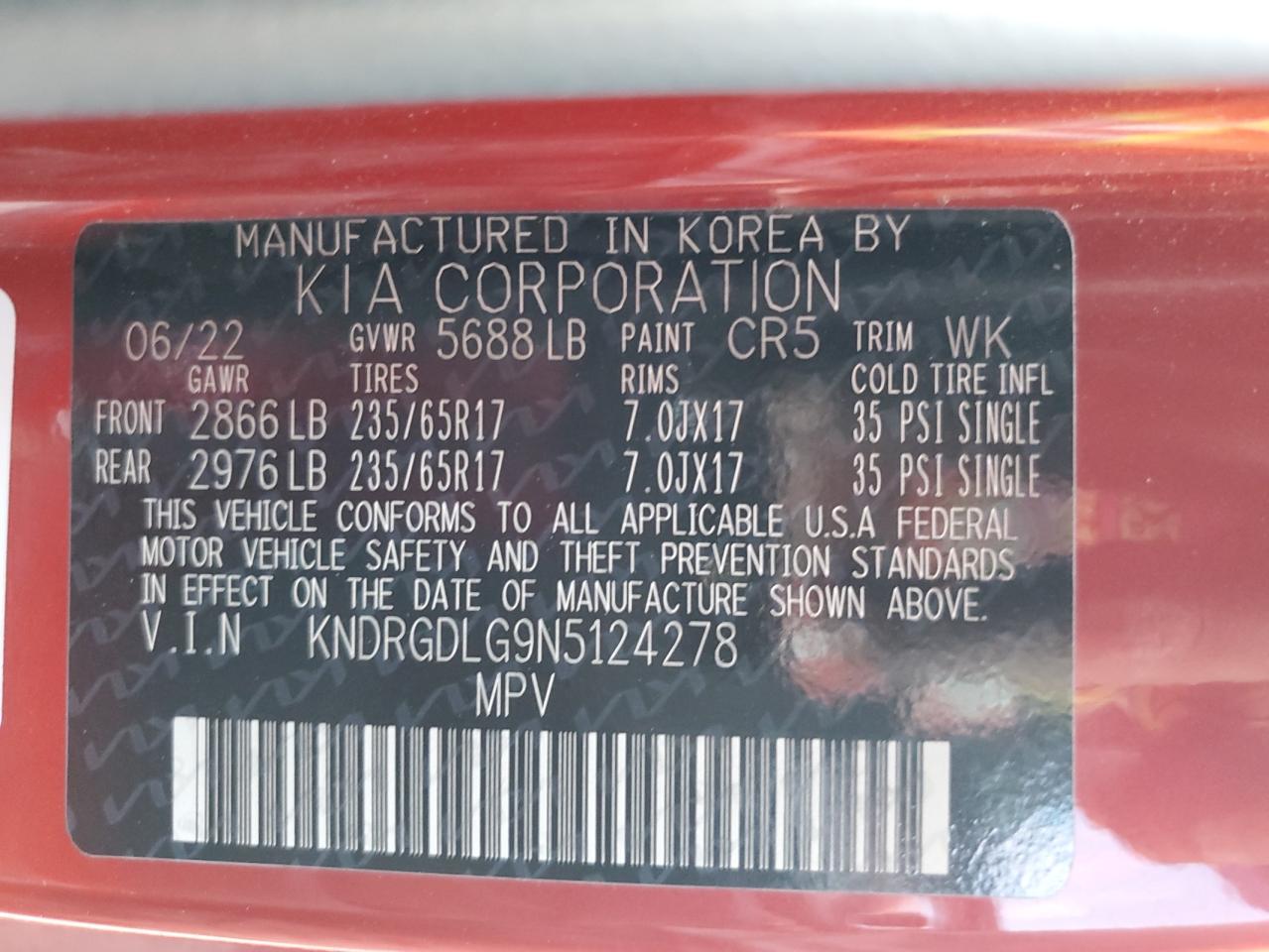 2022 KIA SORENTO S VIN:KNDRGDLG9N5124278