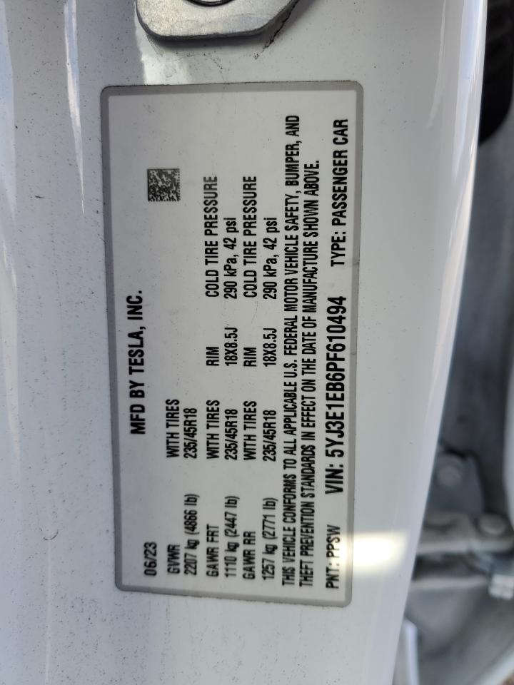 2023 TESLA MODEL 3  VIN:5YJ3E1EB6PF610494