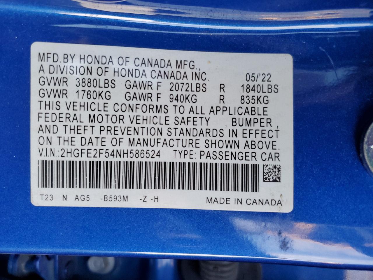 2022 HONDA CIVIC SPORT VIN:2HGFE2F54NH586524