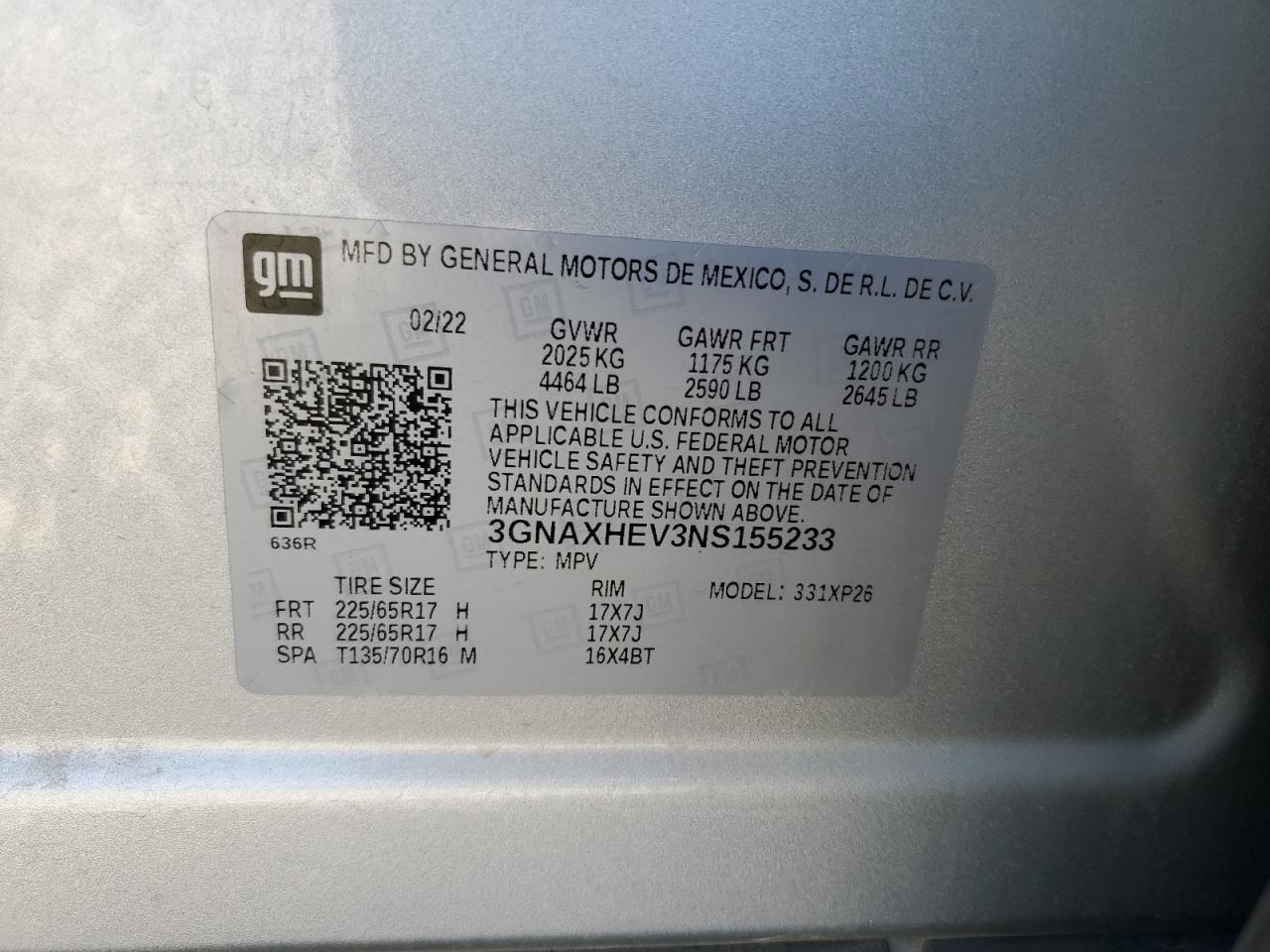 2022 CHEVROLET EQUINOX LS VIN:2GNALAEK4E1129342