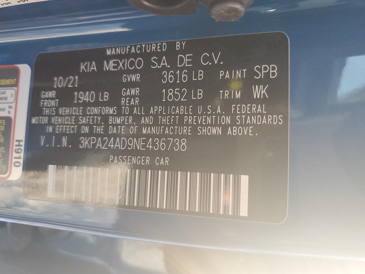 2022 KIA RIO LX VIN:3KPA24AD9NE436738
