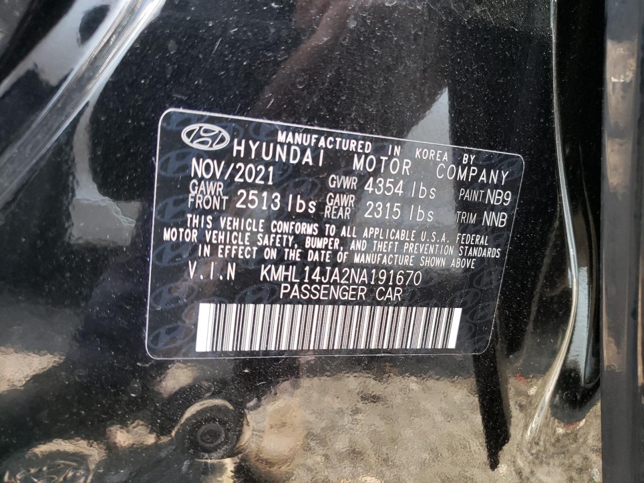 2022 HYUNDAI SONATA SEL VIN:KMHL14JA2NA191670