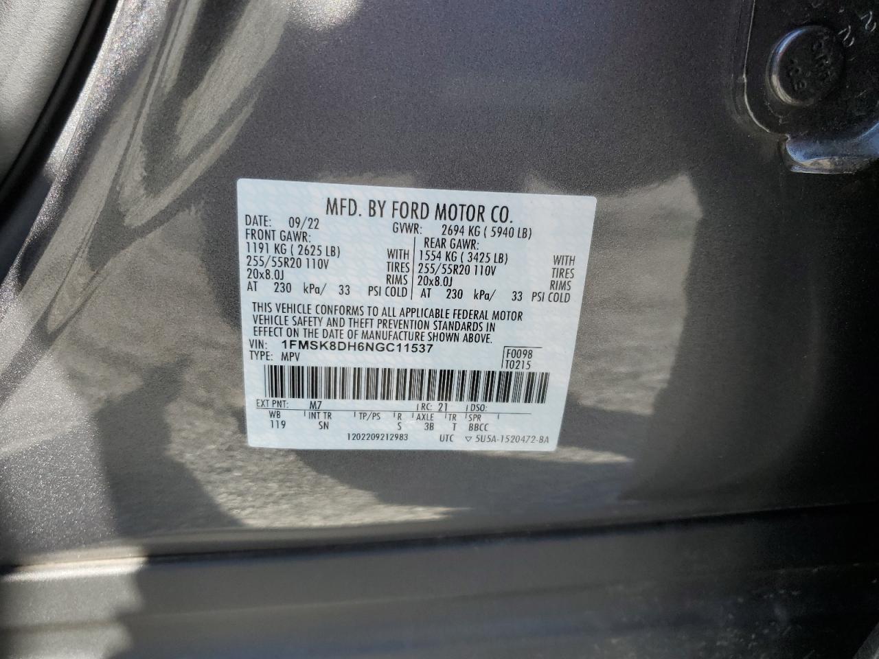 2022 FORD EXPLORER XLT VIN:1FMSK8DH6NGC11537