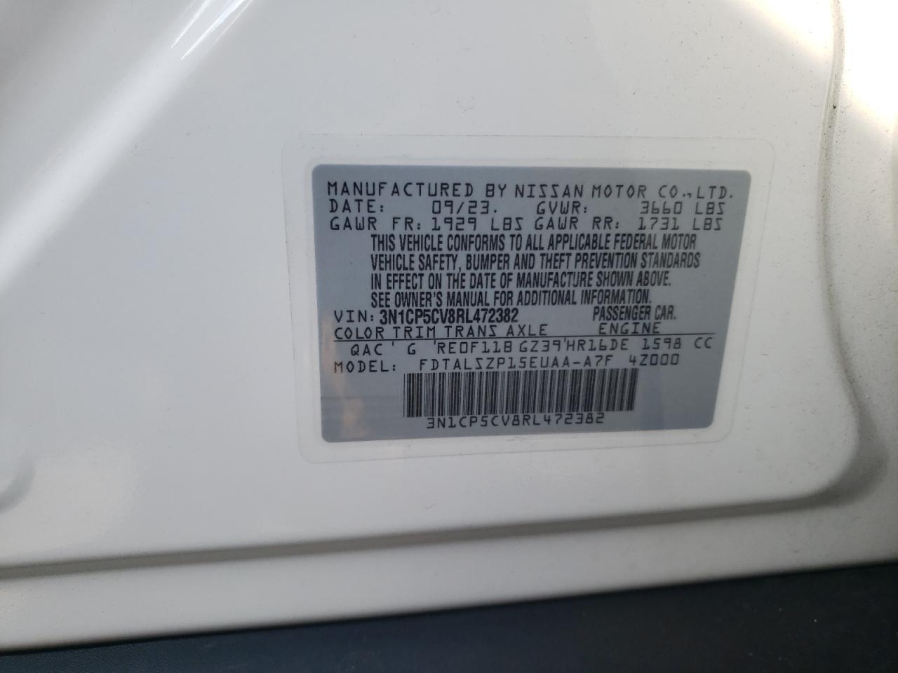 2024 NISSAN KICKS SV VIN:3N1CP5CV8RL472382