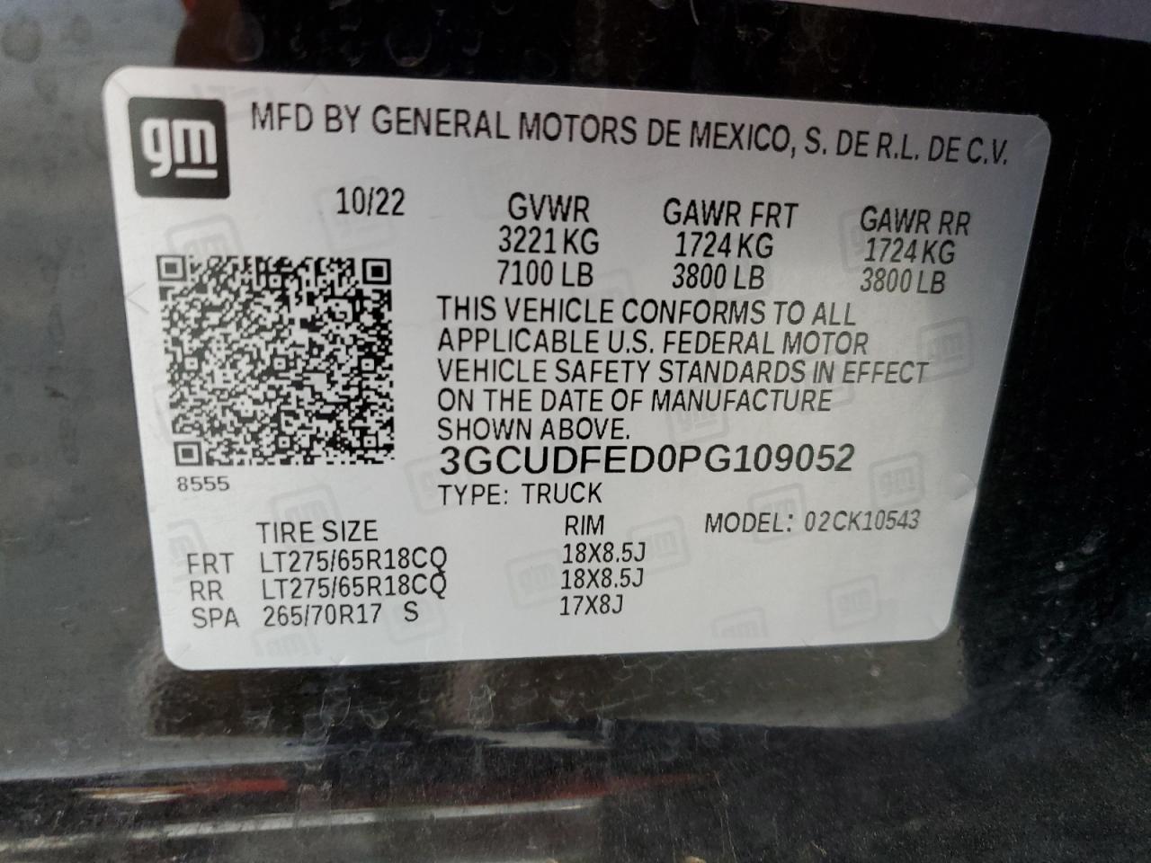 2023 CHEVROLET SILVERADO K1500 LT TRAIL BOSS VIN:3GCUDFED0PG109052