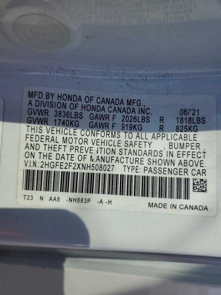 2022 HONDA CIVIC LX VIN:2HGFE2F2XNH508027