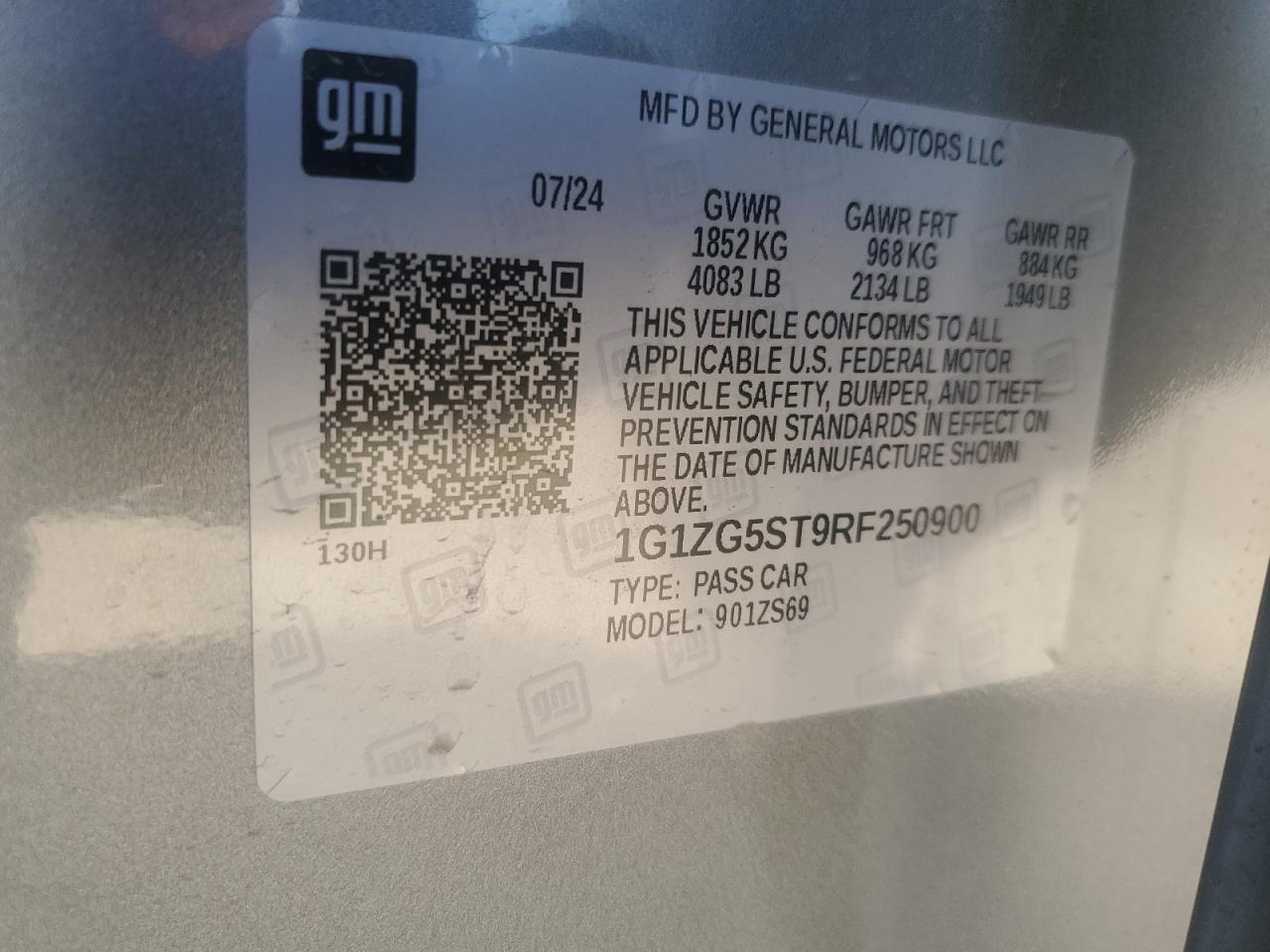 2024 CHEVROLET MALIBU RS VIN:1G1ZG5ST9RF250900