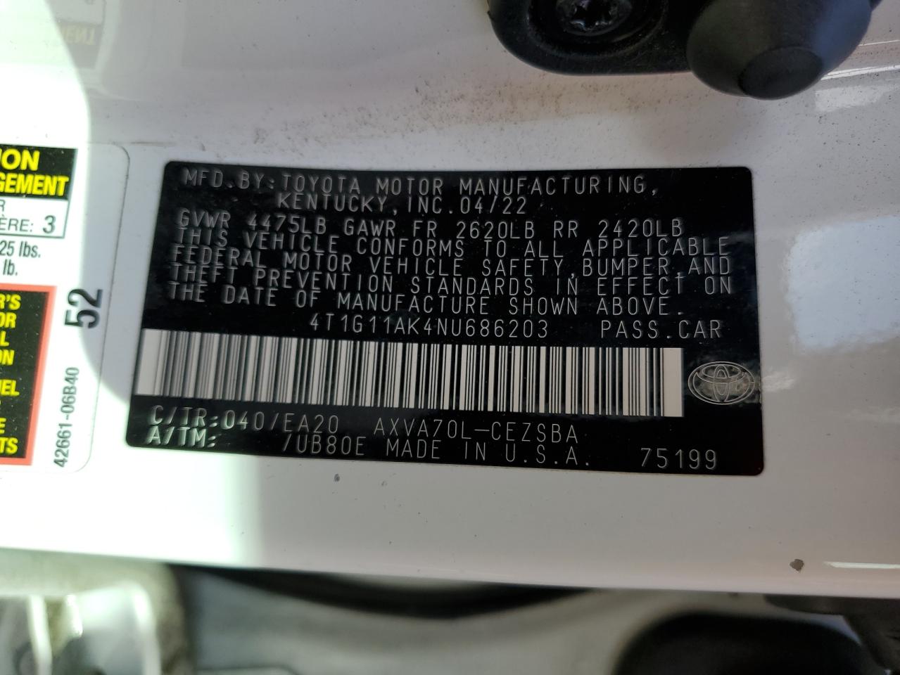 2022 TOYOTA CAMRY SE VIN:4T1G11AK4NU686203