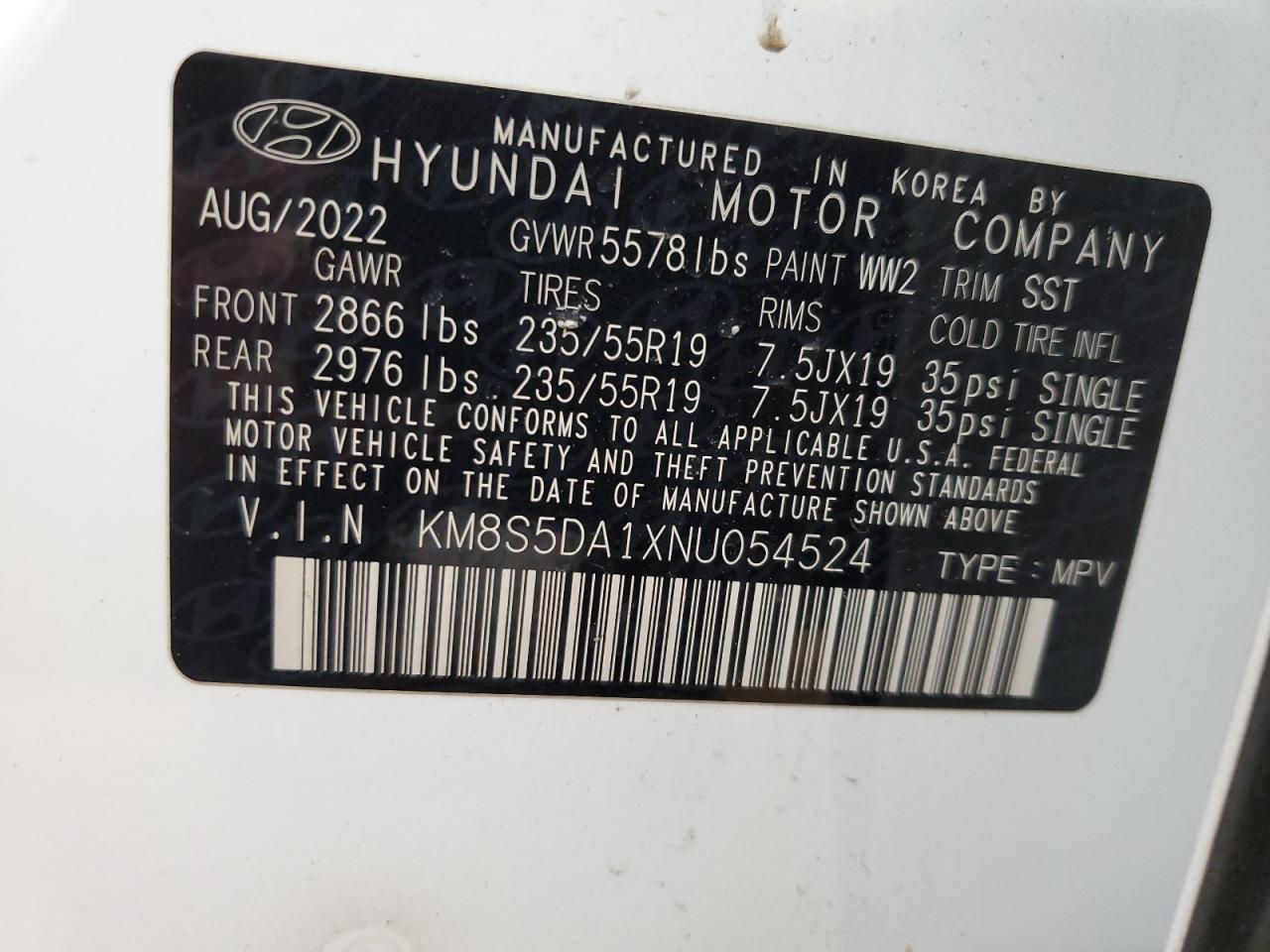 2022 HYUNDAI SANTA FE LIMITED VIN:KM8S5DA1XNU054524
