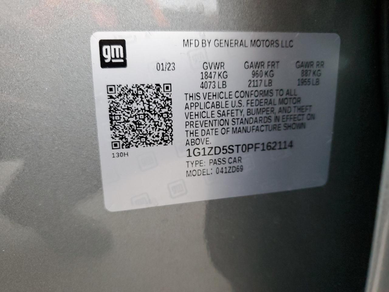 2023 CHEVROLET MALIBU LT VIN:1G1ZD5ST0PF162114