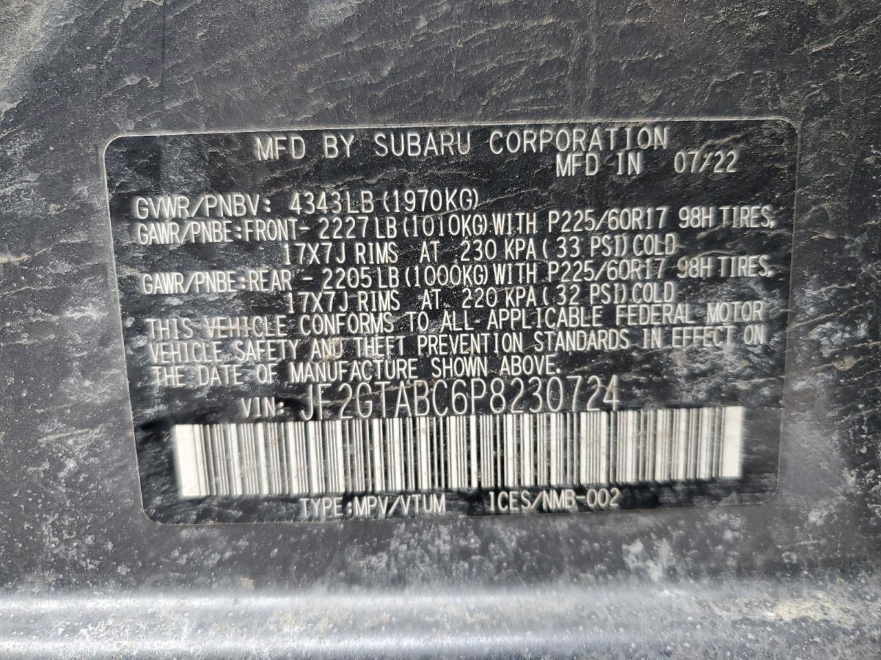 2023 SUBARU CROSSTREK  VIN:JF2GTABC6P8230724