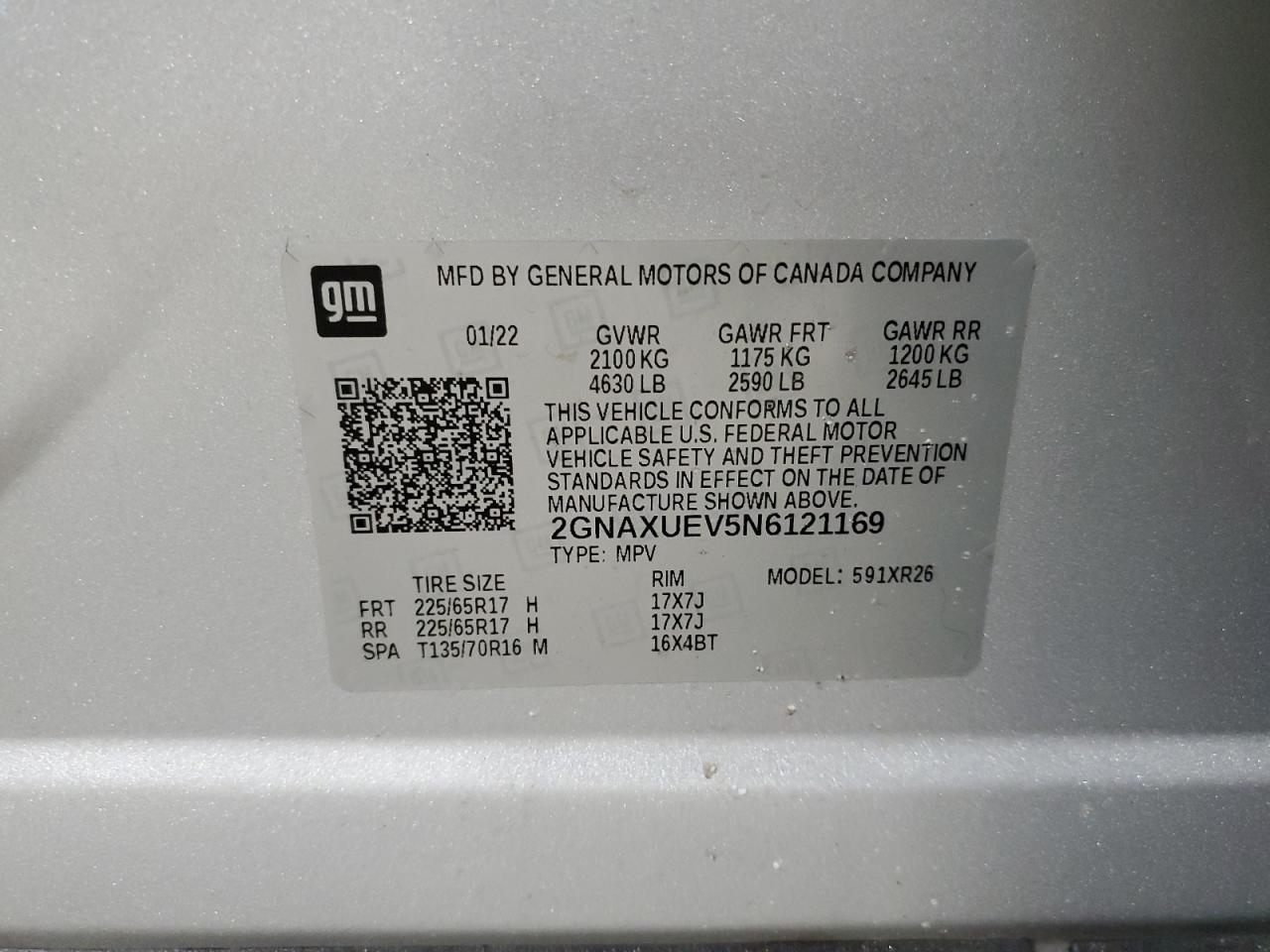 2022 CHEVROLET EQUINOX LT VIN:2GNAXUEV5N6121169