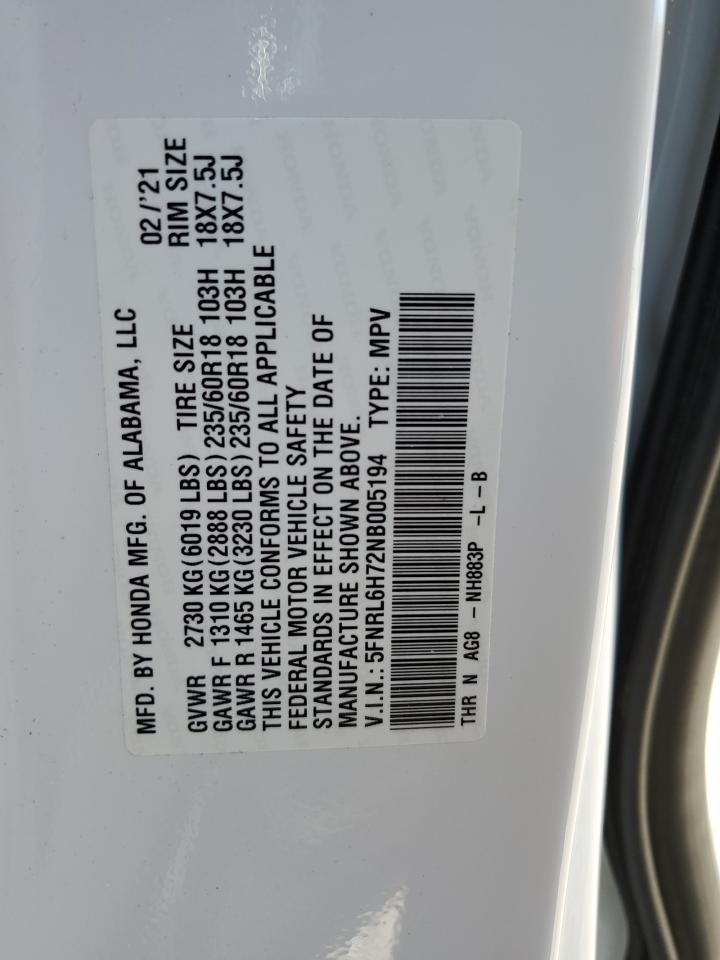 2022 HONDA ODYSSEY EXL VIN:5FNRL6H72NB005194