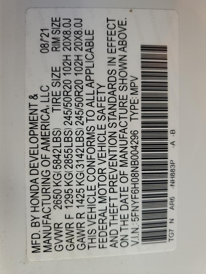 2022 HONDA PILOT ELITE VIN:5FNYF6H08NB004296