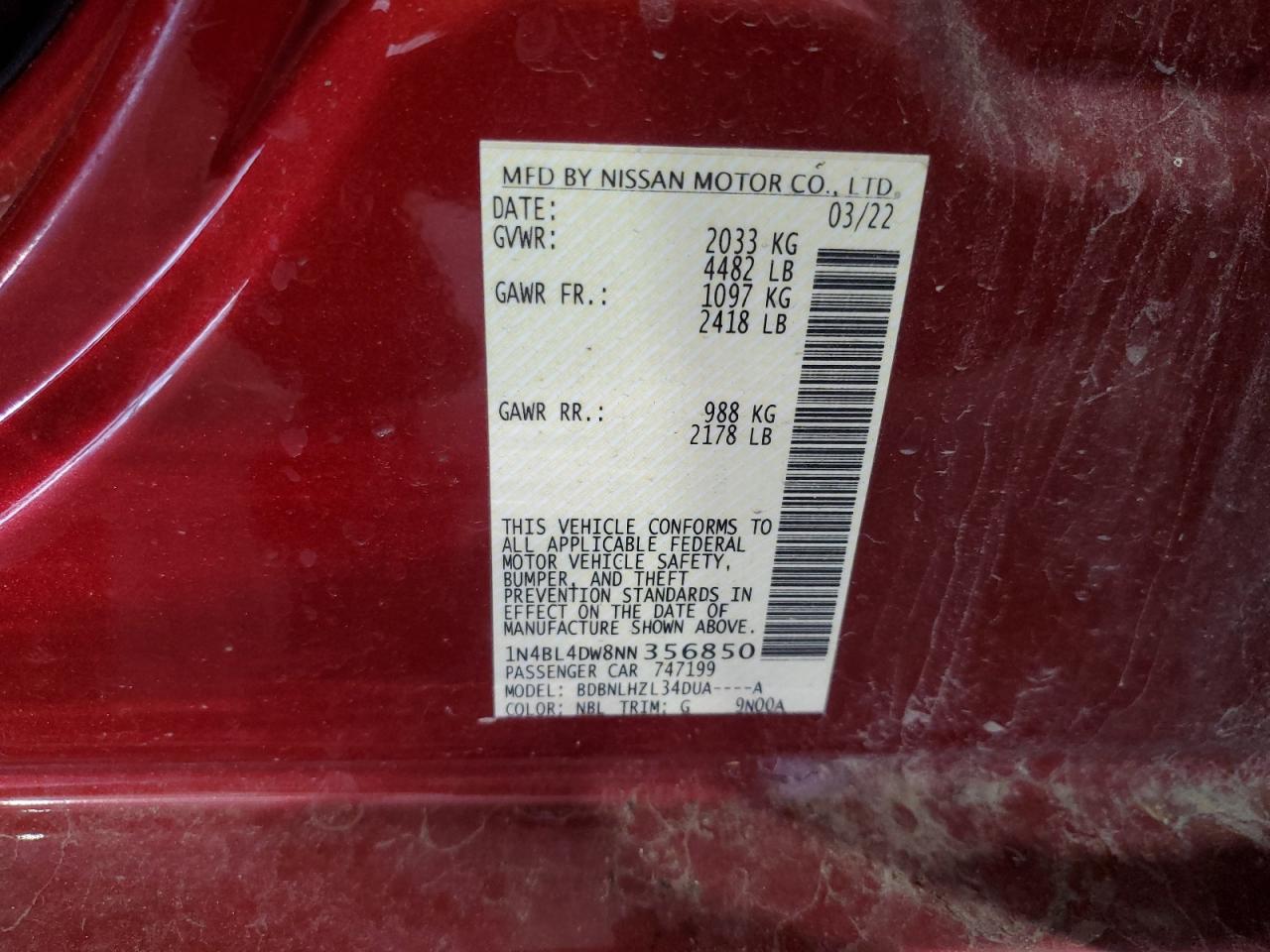 2022 NISSAN ALTIMA SV VIN:1N4BL4DW8NN356850