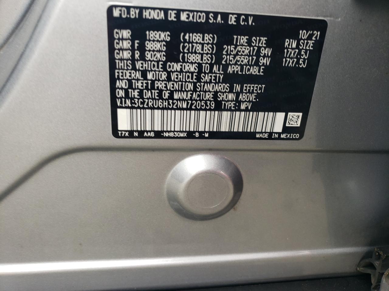 2022 HONDA HR-V LX VIN:3CZRU6H32NM720539