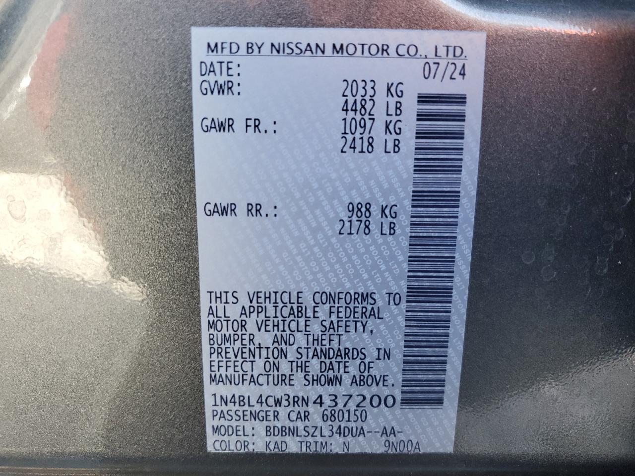 2024 NISSAN ALTIMA SR VIN:1N4BL4CW3RN437200