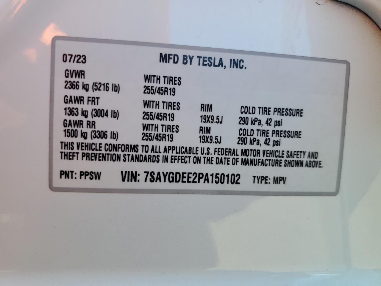 2023 TESLA MODEL Y  VIN:7SAYGDEE2PA150102