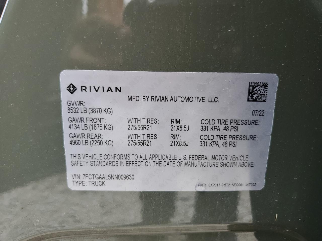 2022 RIVIAN R1T LAUNCH EDITION VIN:7FCTGAAL5NN009630