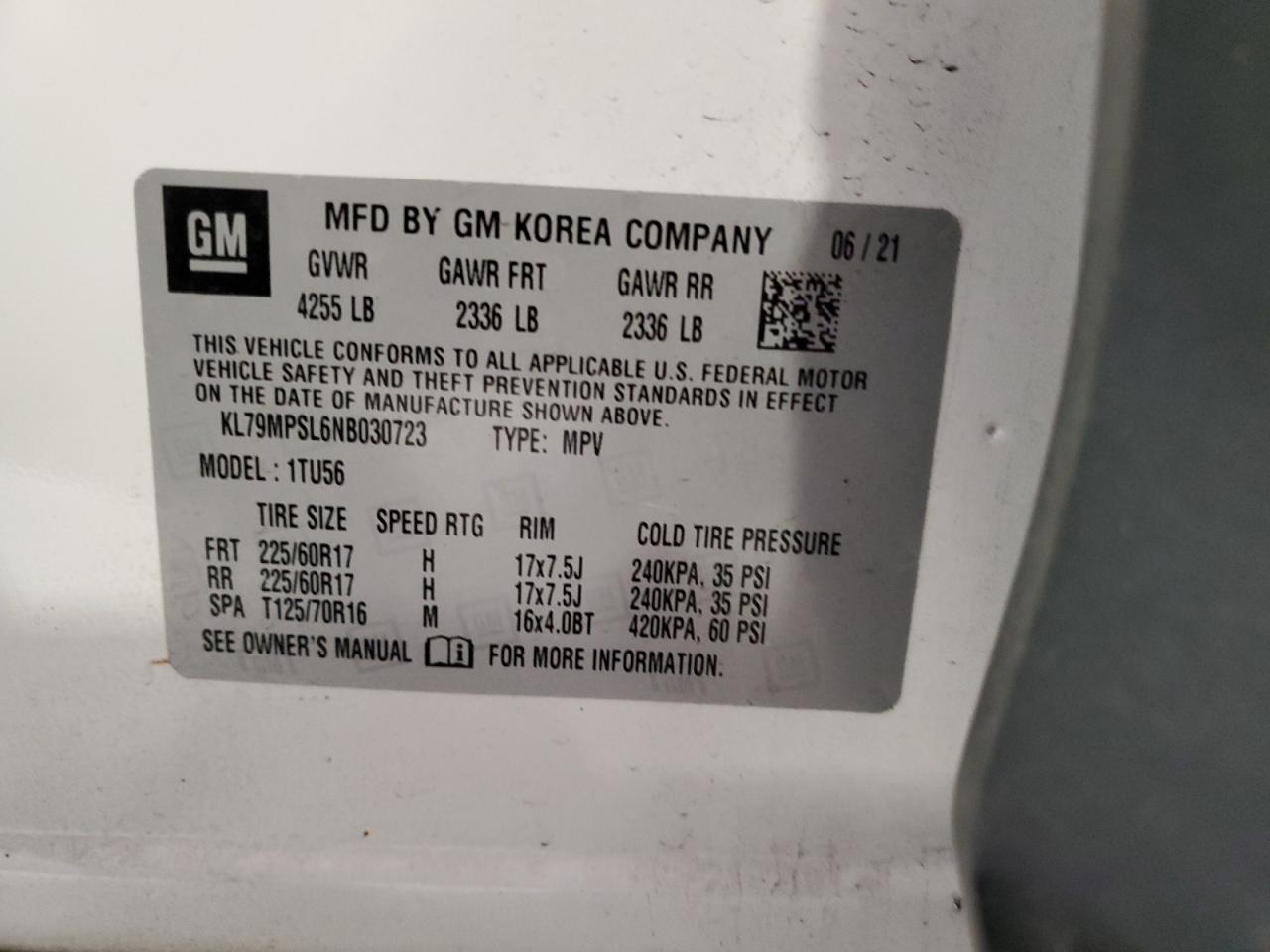 2022 CHEVROLET TRAILBLAZER LT VIN:KL79MPSL6NB030723