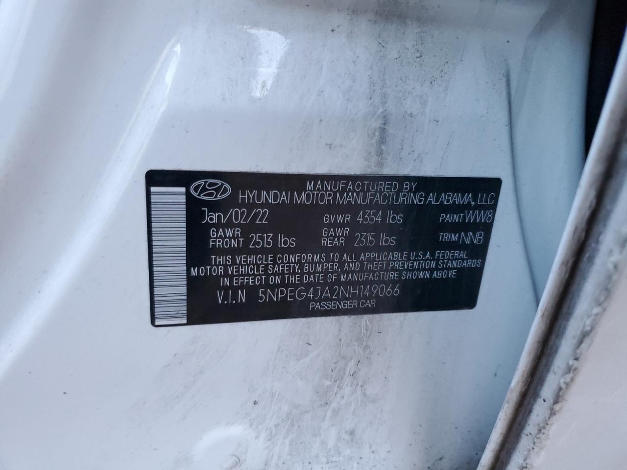2022 HYUNDAI SONATA SE VIN:5NPEG4JA2NH149066