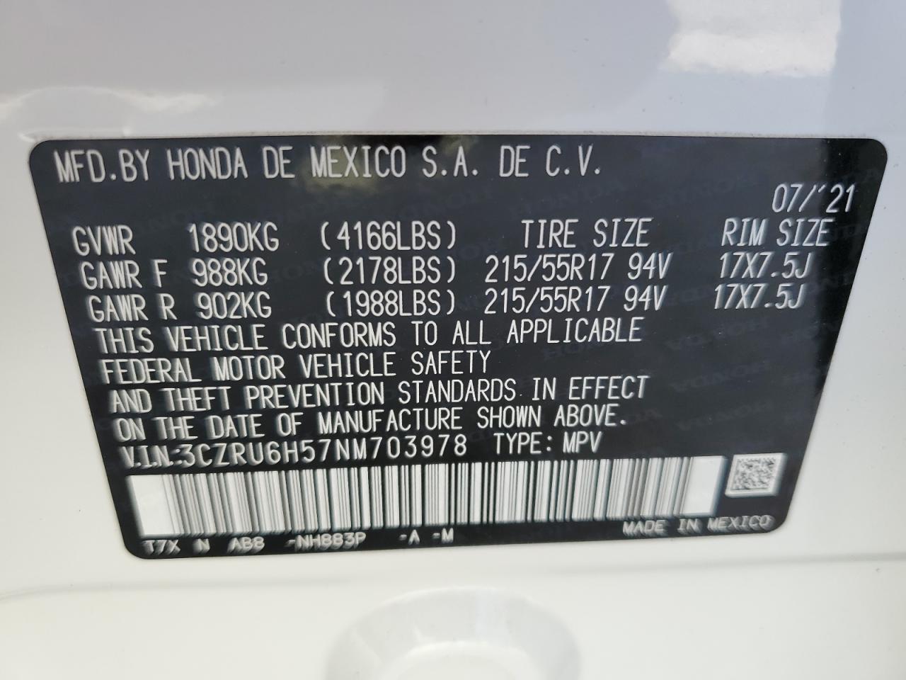 2022 HONDA HR-V EX VIN:3CZRU6H57NM703978